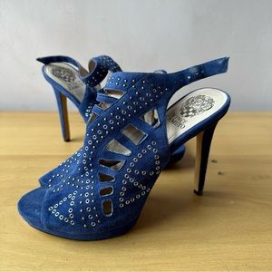 VINCE CAMUTO BLUE SUEDE EMBELLISHED HIGH HEEL SANDALS
